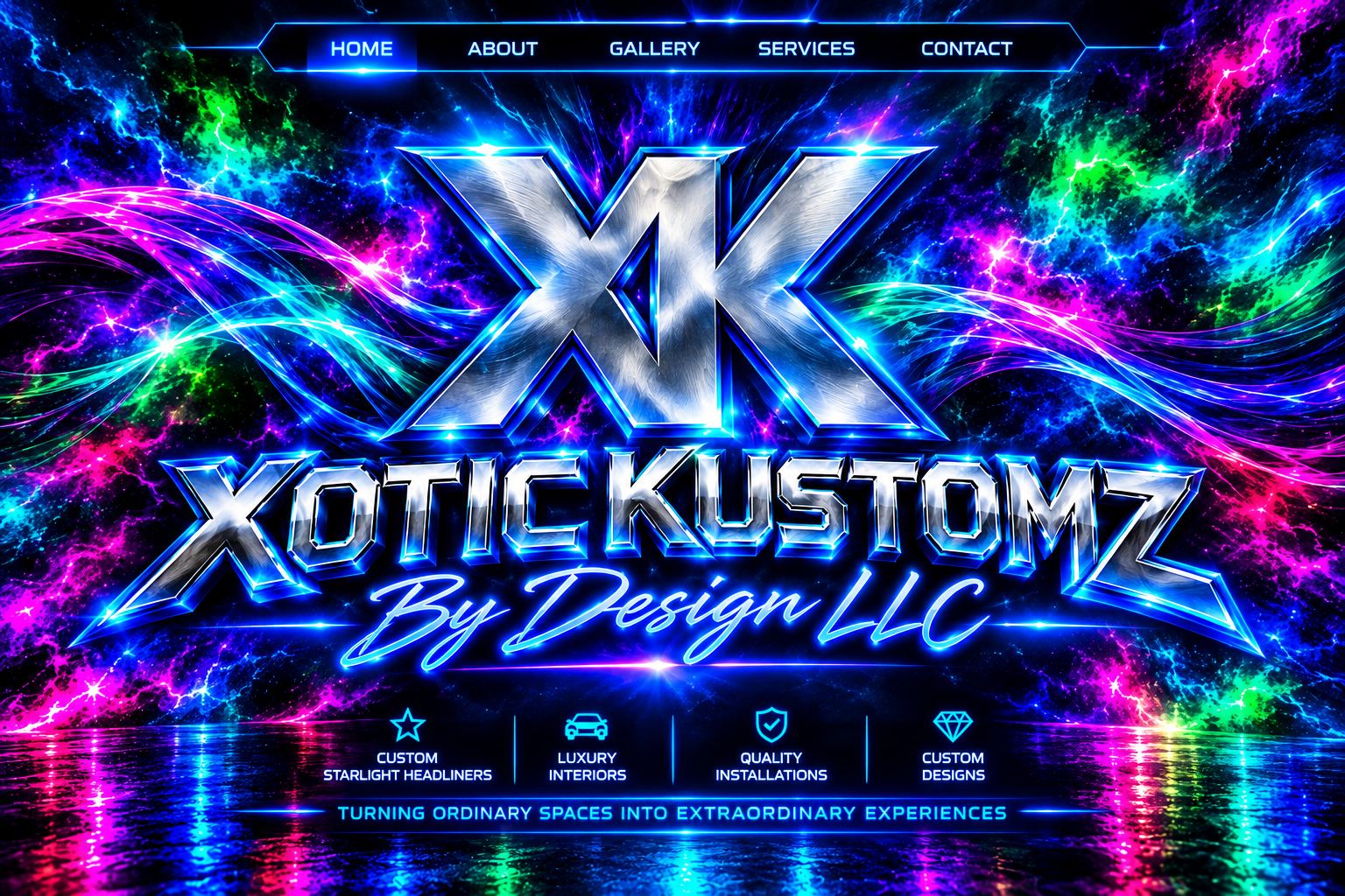 Xotic Kustomz By Design LLC neon galaxy artwork with XK logo, glowing navigation, service icons, and slogan